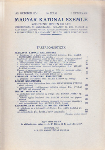 Vitz Berk Istvn  (szerk.) - Magyar Katonai Szemle 1931 oktber h, 10. szm, I. vfolyam