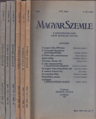 6 db Magyar Szemle: 1931/janur, februr, mrcius+1932/prilis, mjus, oktber