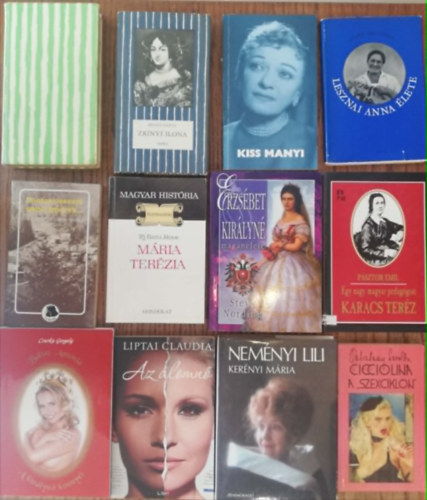12 k�tet magyar h�lgyek �letrajzi k�nyveib�l (Teleki Blanka, Zr�nyi Ilona, Kiss Manyi, Lesznai Anna, Sikl�di Marika, M�ria Ter�zia, Erzs�bet kir�lyn�, Karacs Ter�z, B�lint Ant�nia, Liptai Klaudia, Nem�nyi Lili, Cicciolina)