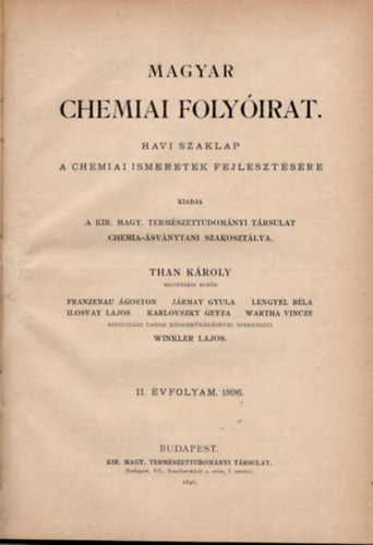 Magyar chemiai folyirat 1896. 1-12. (teljes vfolyam, egybektve)