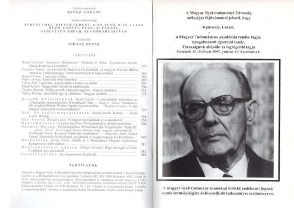 Magyar Nyelv  - Magyar Nyelvtudomnyi Trsasg folyirata XCIII. vf. 1997. 3. sz.