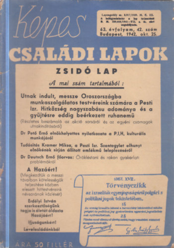 K�pes csal�di lapok 1942. okt�ber 25. (Zsid� lap, 63. �vfolyam, 42. sz�m)