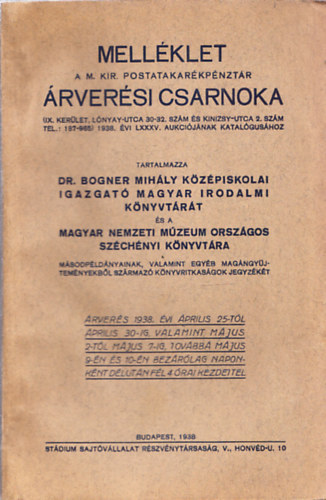 Mellklet a M. Kir. Postatakarkpnztr rversi csarnoka 1938. vi LXXXV. aukcijnak katalgushoz