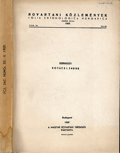 Rovartani kzlemnyek - Folia Entomologica Hungarica 1959. Tomus XII. Nr. 24-39. ( XII/II.)