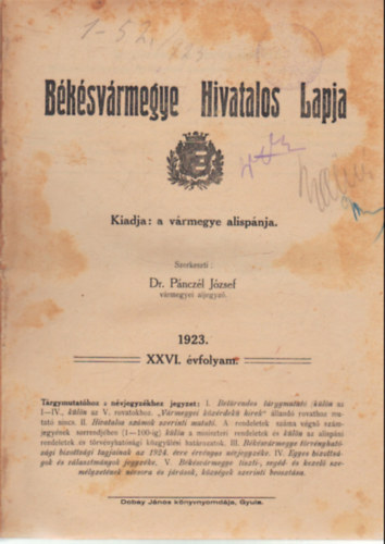 B�k�sv�rmegye Hivatalos Lapja 1923. XXVI. �vfolyam
