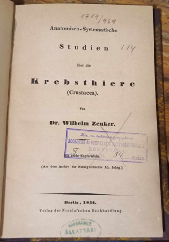 Anatomisch-Systematische Studien ber die Krebsthiere ("Anatmiai-rendszertani vizsglatok rkflken" nmet nyelven) (1854)