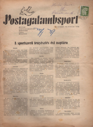 Postagalambsport 1962. VIII. �vfolyam janu�r-j�lius, okt�ber-december (10 sz�m egy�tt)