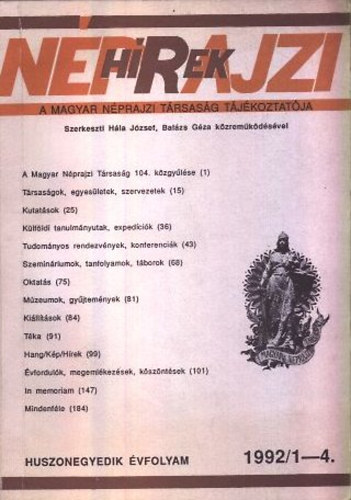 Nprajzi hrek - A Magyar Nprajzi Trsasg tjkoztatja 1992/1-4. (21. vf.)