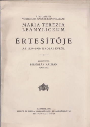Mria Terzia lenyliceum rtestje  az 1929-1930. iskolai vrl