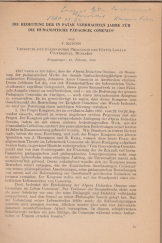 Die Bedeutung der in patak verbrachten jahre f�r die humanistische padagogik comenius