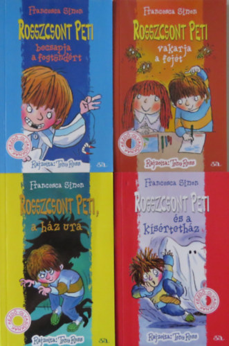 4 db Rosszcsont Peti k�tet: Rosszcsont Peti becsapja a fogt�nd�rt + Rosszcsont Peti vakarja a fej�t + Rosszcsont Peti, a h�z ura + Rosszcsont Peti �s a k�s�rteth�z