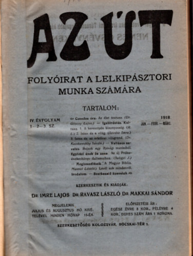Az t- Folyirat a lelkopsztori munka szmra 1918