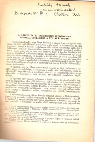 Bertnyi Ivn - A ndori s az orszgbri tlmester brsgi mkdse a XIV. szzadban - dediklt - Klnlenyomat