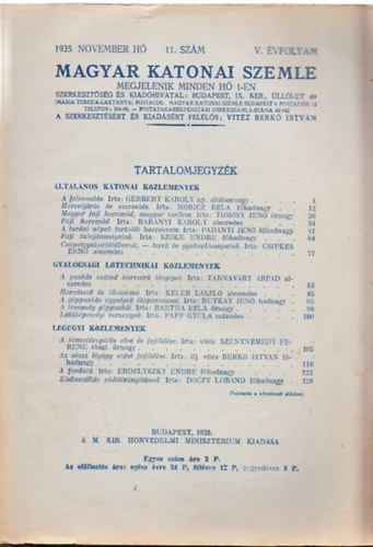 Vitz Berk Istvn  (szerk.) - Magyar Katonai Szemle 1935. november h, 11. szm, V. vfolyam