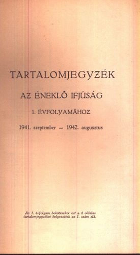 Tartalomjegyzk az nekl Ifjsg I. vfolyamhoz 1941.szept.-1942.aug