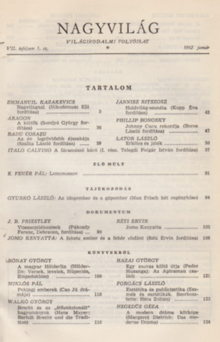 Nagyvil�g (Vil�girodalmi foly�irat) I-II., VII. �vf. 1-12. sz�m, 1962 (k�t k�tetben)