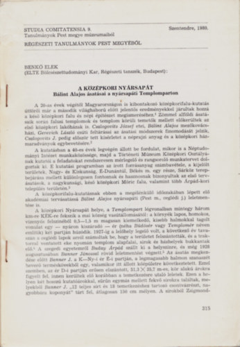 A kzpkori Nyrsapt - Blint Alajos satsai a nyrapti Templomparton - Studia Comitatensia 9.