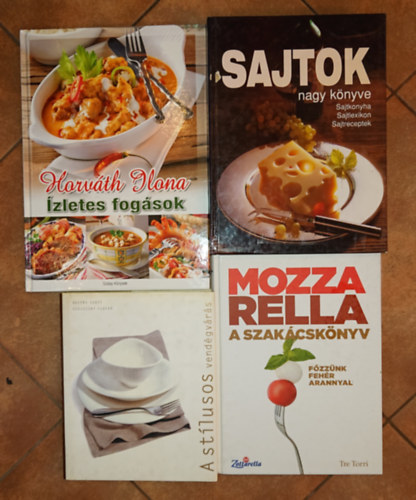 4 sz�p ki�ll�t�s�, nagyalak� szak�csk�nyv �nyenceknek: A st�lusos vend�gv�r�s, Sajtok nagy k�nyve, Mozarella - A szak�csk�nyv, �zletes fog�sok