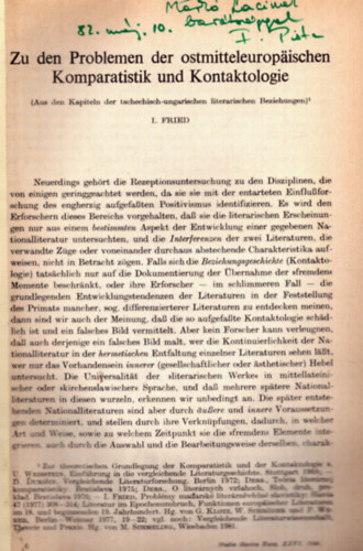 Fried István - Zu den Problemen der ostmitteleuropäischen Komparatistik und Kontaktologie (dedikált)