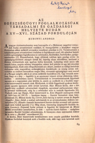 Az egszsggyi foglalkozsak trsadalmi s gazdasgi helyzete Budn a XV-XVI. szzad forduljn (dediklt)