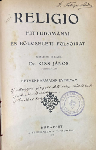Religio - Hittudomnyi s blcseleti folyirat (76-ik vfolyam, 1914.)