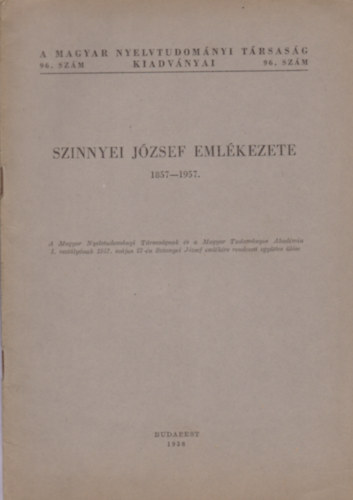 Szinnyei Jzsef emlkezete (1857-1957)