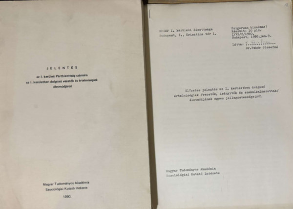 Jelents az I. kerleti Prtbizottsg szmra az I. kerletben dolgoz vezetk s rtelmisgiek letmdjrl + Elzetes jelents az I. kerletben dolgoz rtelmisgiek /vezetk, irnytk s szakalkalmazottak/ letmdjn