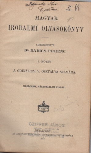 Dr. Radics Ferenc - Magyar irodalmi olvasknyv I. ktet a gimnzium V. osztlya szmra