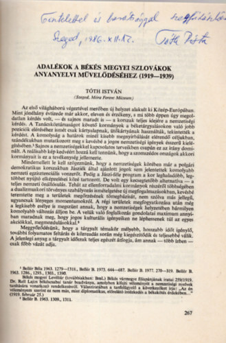 Adalkok a Bks megyei szlovkok anyanyelvi mveldshez ( 1919-1939 ) - Klnlenyomat - Dediklt