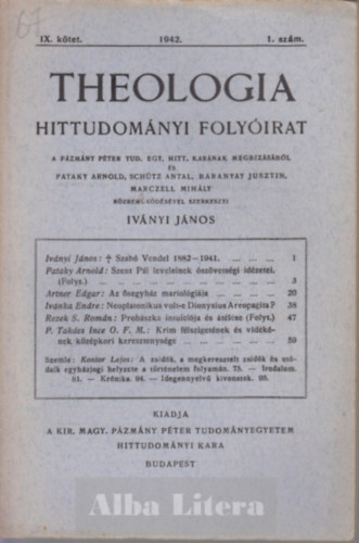 Theologia hittudomnyi folyirat IX. ktet 1942. 1. szm