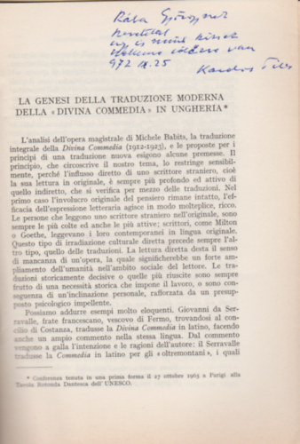 La genesi della traduzione moderna della "Divina Commedia" in Ungheria. (Estratto da Studi Danteschi. Vol. XLVIII.)