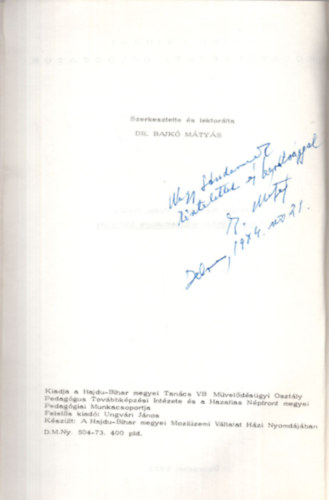 Hajdu-Bihari iskolat�rt�neti dolgozatok  - Debrecen 1973 - Dedik�lt