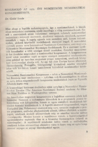 Dr. Gedei Istvn - Beszmol az 1973. vi Nemzetkzi Numizmatikai Kongresszusrl - Klnlenyomat