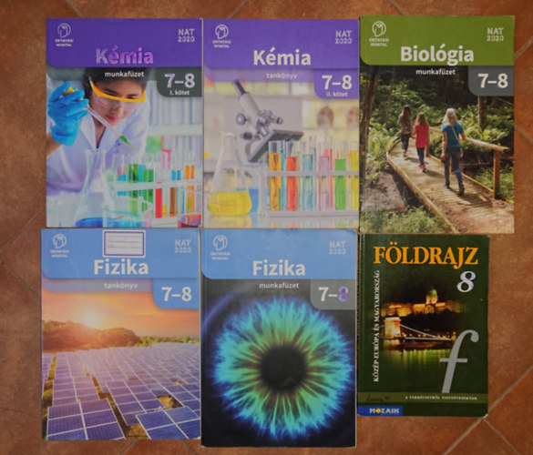 6 term�szettudom�nyos tank�nyv gimn�ziumba k�sz�l�knek: Biol�gia munkaf�zet 7-8, K�mia tank�nyv 7-8., K�mia munkaf�zet 7-8., Fizika tank�nyv 7-8., Fizika munkaf�zet 7-8., F��ldrajz 8.