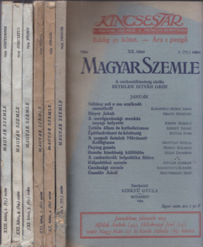 Magyar Szemle 6 db ktete: 1934/janur+prilis+mjus+jlius+augusztus+szeptember