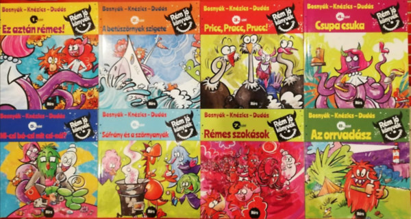 R�m j� k�nyvek teljes sorozat 1-8 (1.Ez azt�n r�mes, 2.A bet�sz�rnyek szigete, 3.Pricc,Pracc,Prucc, 4.Csupa csuka, 5.Mi-csi b�-csi mit csi-n�l? , 6.S�rf�ny �s sz�rnyany�k, 7.R�mes szok�sok, 8.Az orrvad�sz)