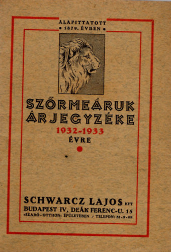 Schwarcz Lajos - Szrmeruk rjegyzke 1932-1933 vre - Schwarcz Lajos Bp.