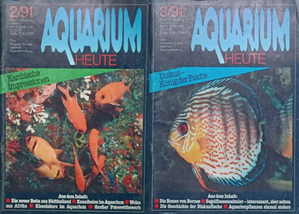 Aquarium Heute 2/91 + Aquarium Heute 3/91 (2 db n�met nyelv� akvarista magazin)