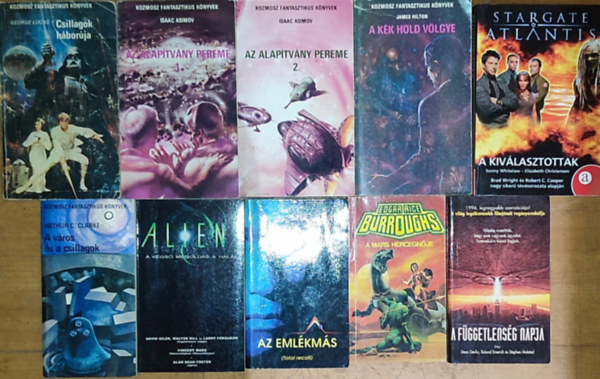 10 db sci-fi m - Isaac Asimov-Az Alaptvny pereme I-II., George Lucas-Csillagok hborja, James Hilton-A kk hold vlgye, Sonny Whitelaw-Elizabeth Christensen-A kivlasztottak, stb. (lersban a tbbi szerz s cm)