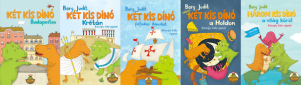 5 db mesek�nyv a K�t kis d�n� sorozatb�l: K�t kis d�n� Budapesten + K�t kis d�n� Kr�t�n + K�t kis d�n� felfedezi Amerik�t + K�t kis d�n� a holdon + H�rom kis d�n� a vil�g k�r�l (a K�t kis d�n� sorozat 2., 4., 5.,