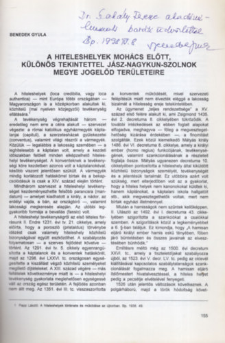 A hiteleshelyek Mohcs eltt, klns tekintettel Jsz-Nagykun-Szolnok  megye jogeld terleteire- Dediklt - Klnlenyomat