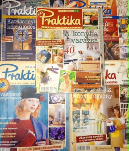 5 db. Praktika Diy Magazin - 1998.aug. 8. sz�m, 1998.szept. - 9. sz�m, 1998.okt.10. sz�m, 1998.nov.11. sz�m, 1998.dec.12. sz�m (szab�s-varr�s-k�t�s-hobby-lak�sdivat-k�zimunka)