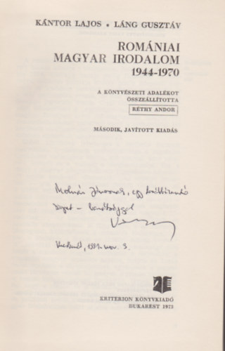 Rom�niai magyar irodalom 1944-1970