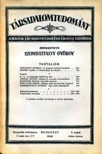 Trsadalomtudomny - 1940. Huszadik vfolyam 3. szm (mjus-jnius)