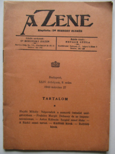 A Zene XXIV. évfolyam, 9. szám 1943. március 27.