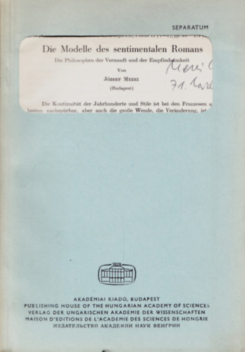 Mezei J�zsef - Die Modelle des sentimentalen Romans -  Separatum