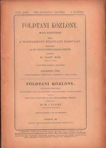 Dr. Plfy Mr - Fldtani Kzlny 1904/augusztus-oktber - 8-10. fzet (XXXIV. ktet)