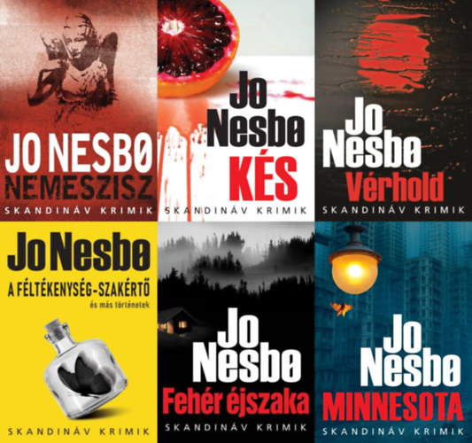 Jo Nesbo Jo Nesbo - 6 db Jo Nesbo skandin�v krimi: Minnesota + A f�lt�kenys�g-szak�rt� �s m�s t�rt�netek + Feh�r �jszaka + Nemeszisz + K�s + V�rhold (a szerz� 2 �n�ll�an megjelent m�ve + a V�r a havon sorozat 2. r�sze + a Harry Hole sorozat 4.