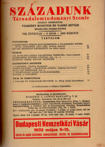 Varr Istvn  (szerk.) Vmbry Rusztem (szerk.) - Szzadunk Trsadalomtudomnyi Szemle VIII. vfolyam 1933. ( teljes vfolyam 1-10. szm )