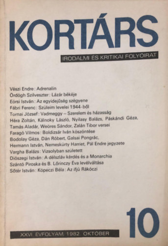 Kort�rs - Irodalmi �s kritikai foly�irat 10 - XXVI. 1982 okt�ber